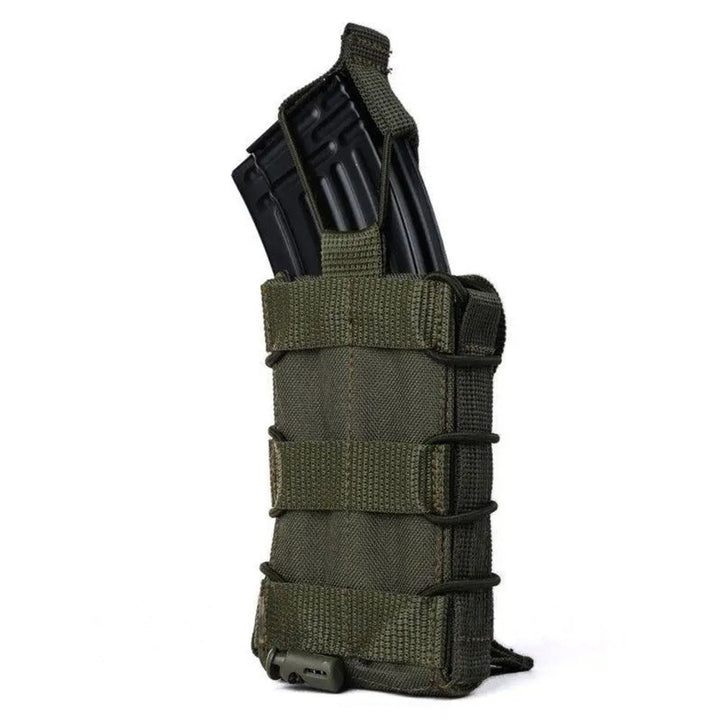 Olive tactical magazine pouch with rifle magazine and elastic retention cords