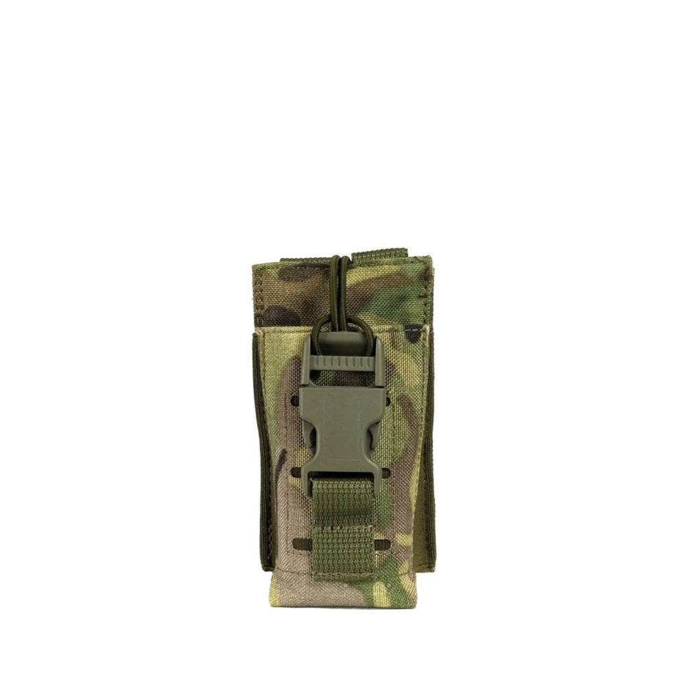 Empty multicam radio holder with front buckle and elastic cord