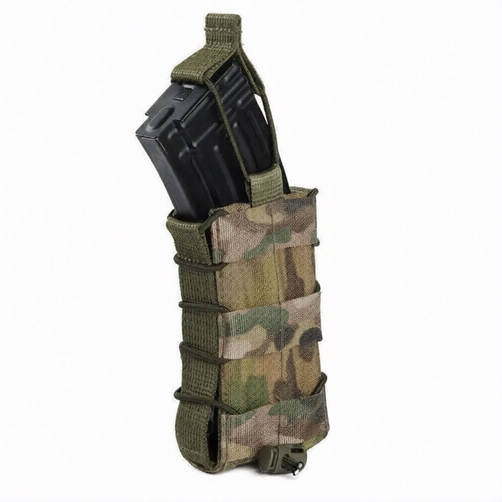 Multicam AK AR mag pouch holding rifle magazine with open-top quick access design