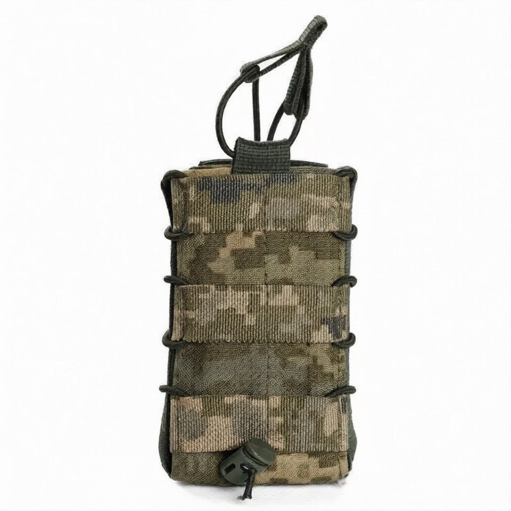 Front view of MM14 pixel single AK / AR magazine pouch with elastic retention cords and MOLLE panel