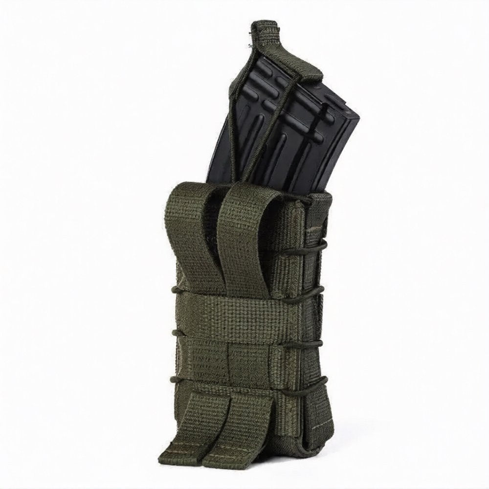 Olive MOLLE rifle magazine pouch with rear attachment straps and inserted magazine