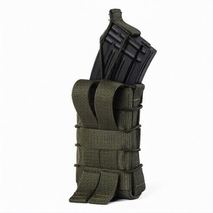 Olive MOLLE rifle magazine pouch with rear attachment straps and inserted magazine