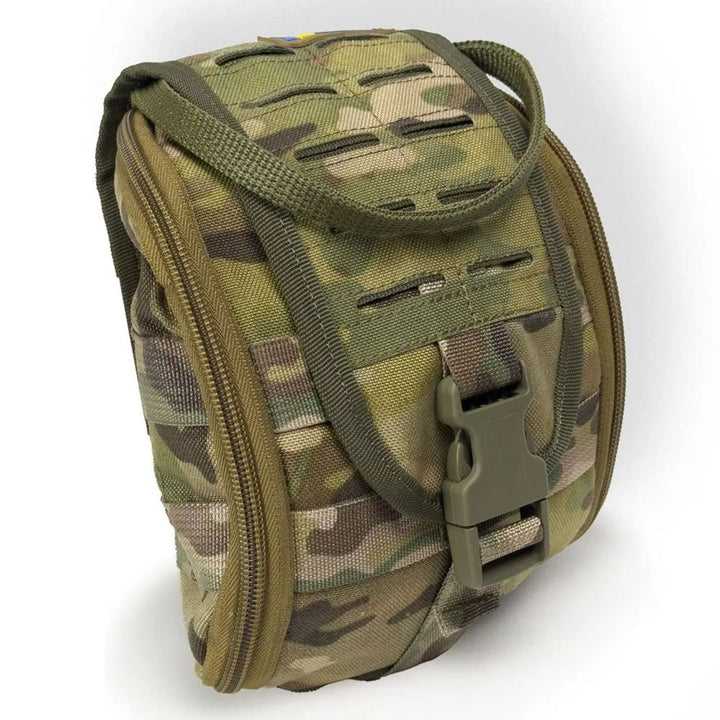 Multicam medical pouch with buckle closure and MOLLE attachment points