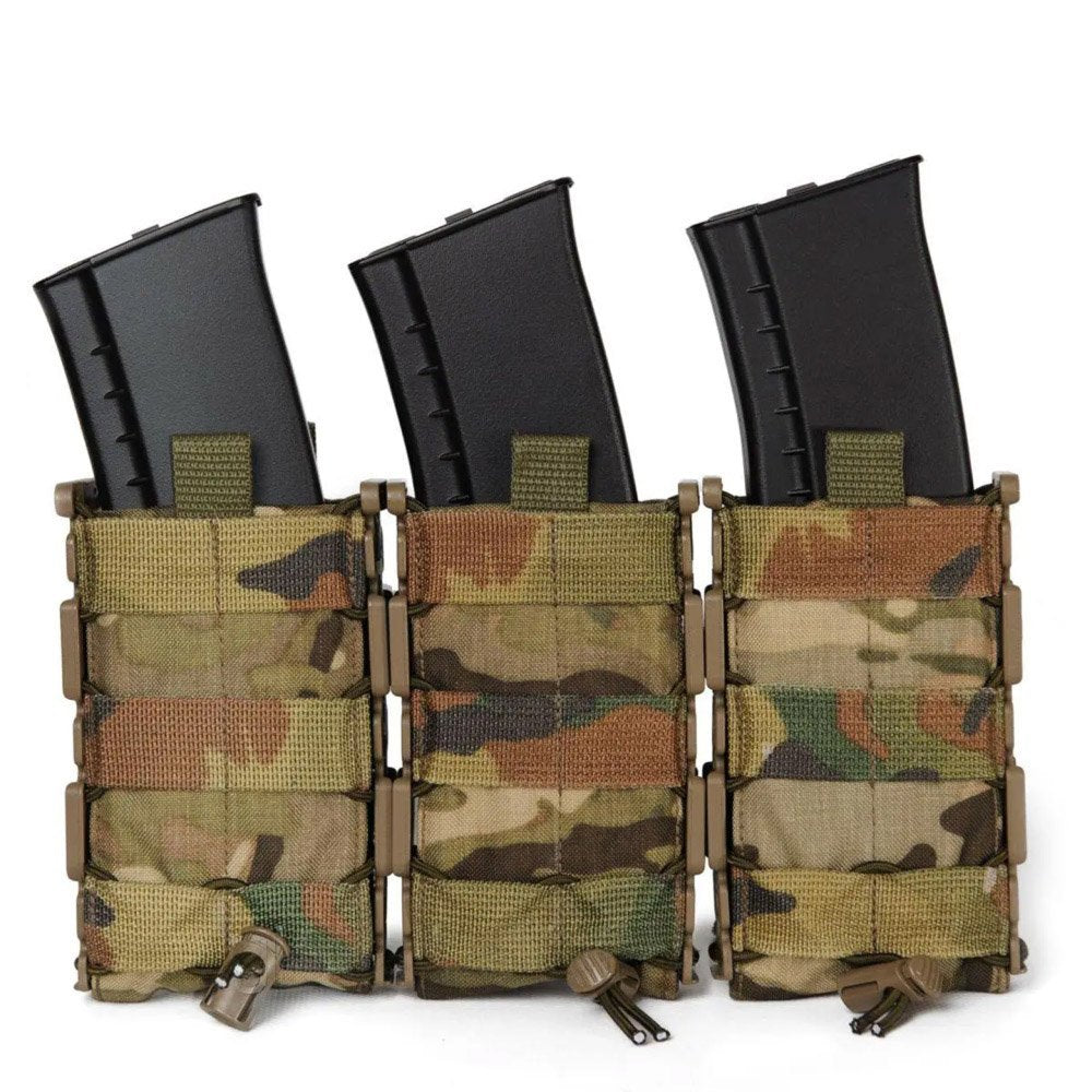 Three multicam single mag pouches mounted side by side with magazines