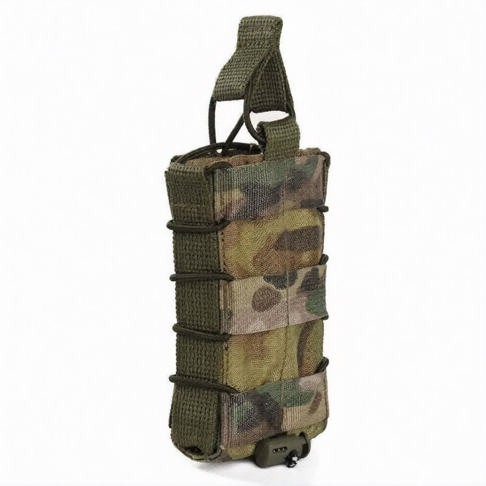 Side angle of multicam tactical magazine pouch with MOLLE attachment straps