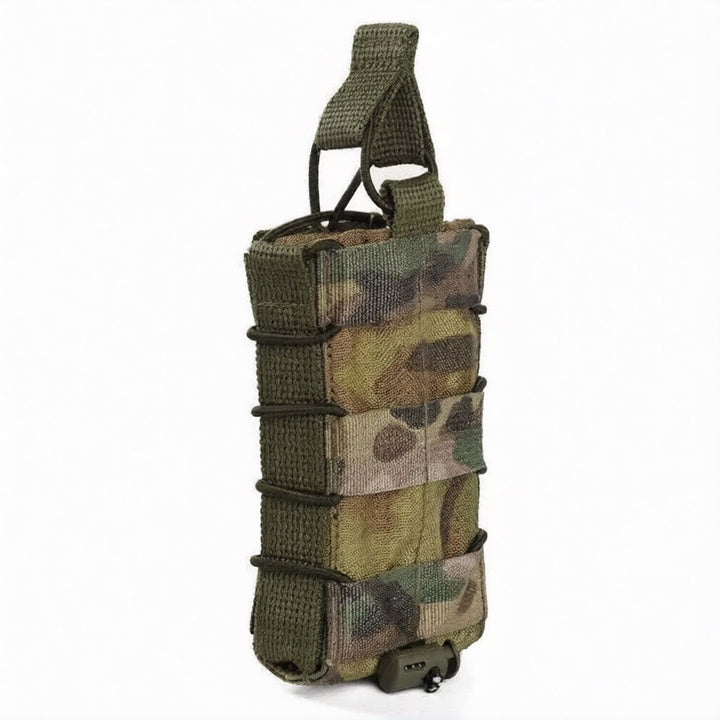 Side angle of multicam tactical magazine pouch with MOLLE attachment straps