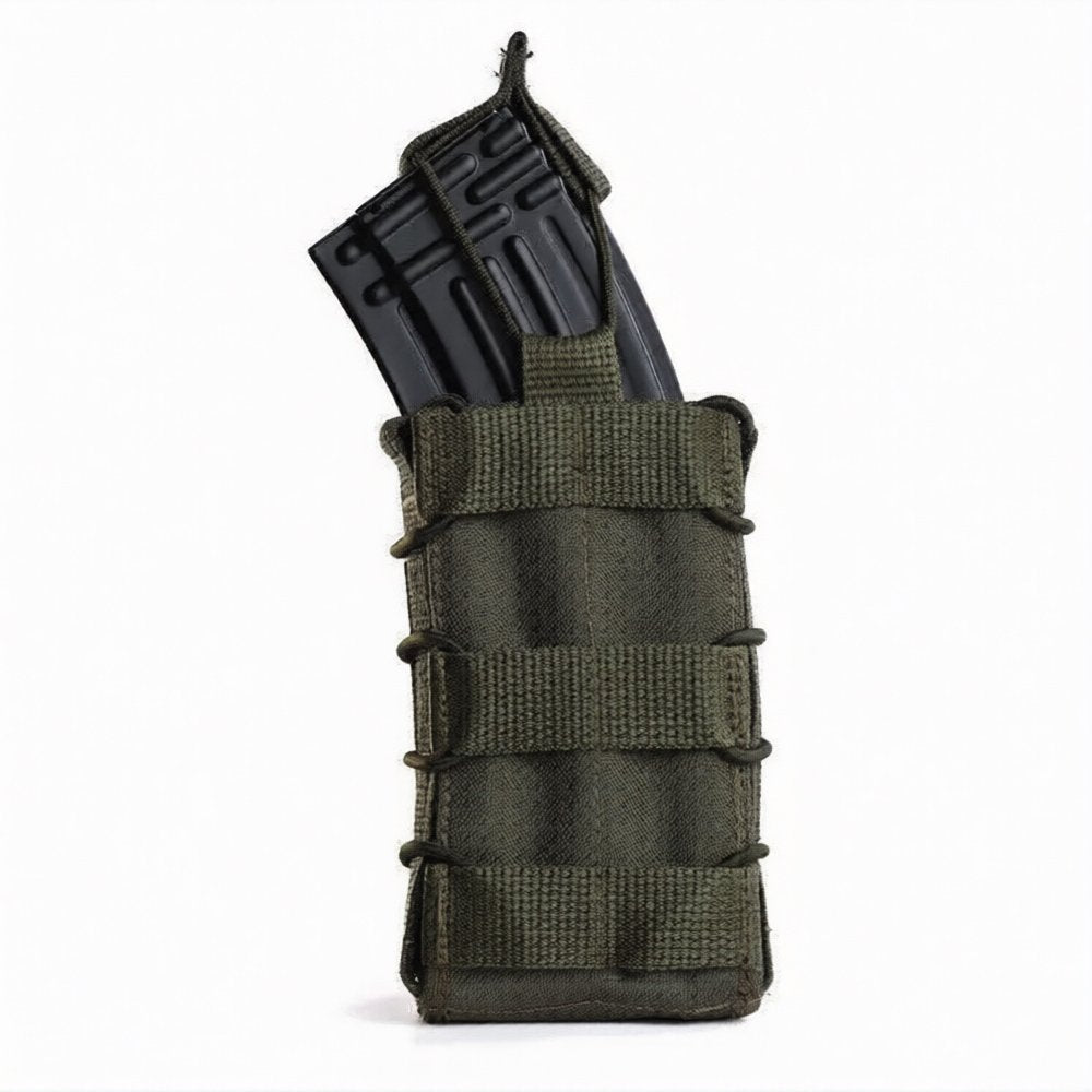 Olive rifle magazine pouch holding AK AR magazine with open-top quick access