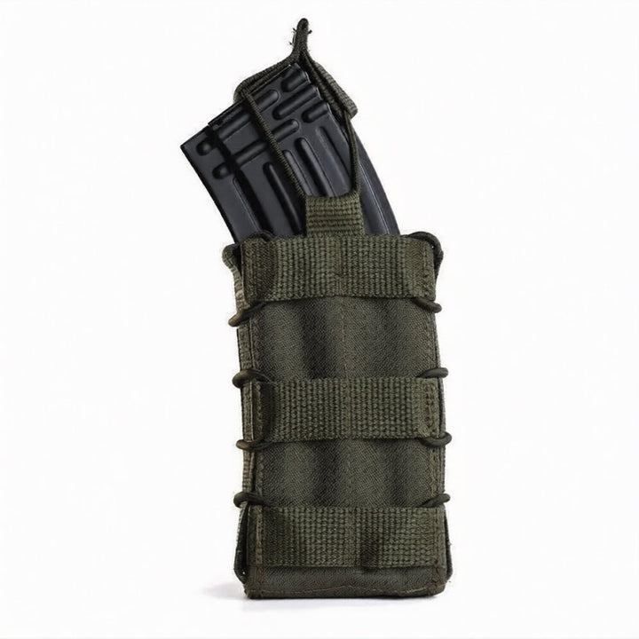 Olive rifle magazine pouch holding AK AR magazine with open-top quick access
