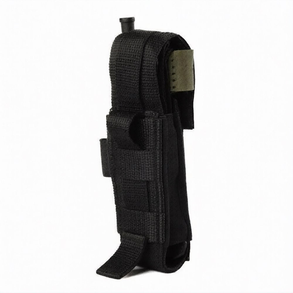 Black tactical pouch holding a CAT tourniquet with MOLLE-compatible attachment system