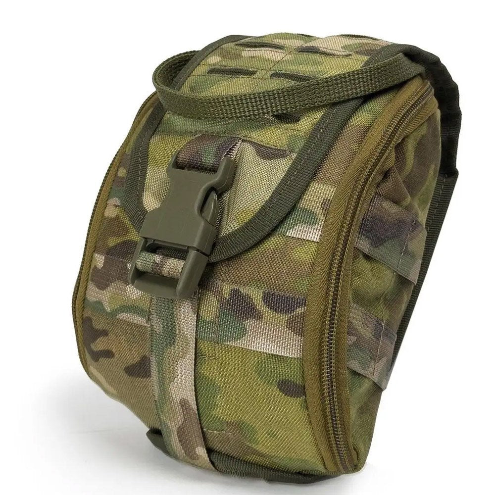 Multicam IFAK pouch with buckle closure and side zipper opening