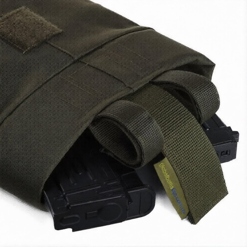 Olive mag pouch holding rifle magazines with quick access retention strap