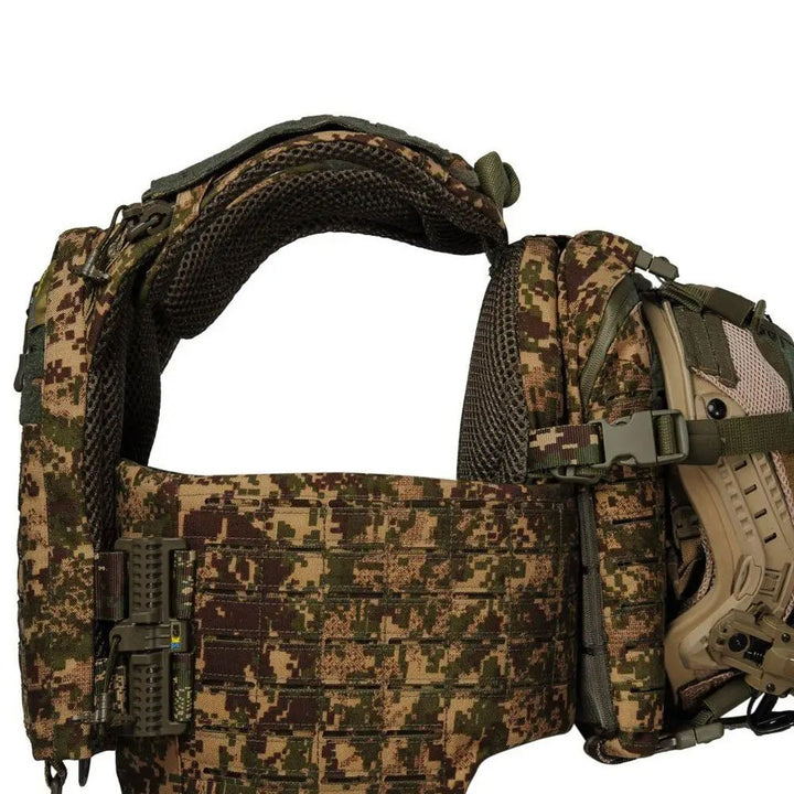 Side view of Predator camouflage tactical plate carrier with helmet holder attachment and reinforced cummerbund system