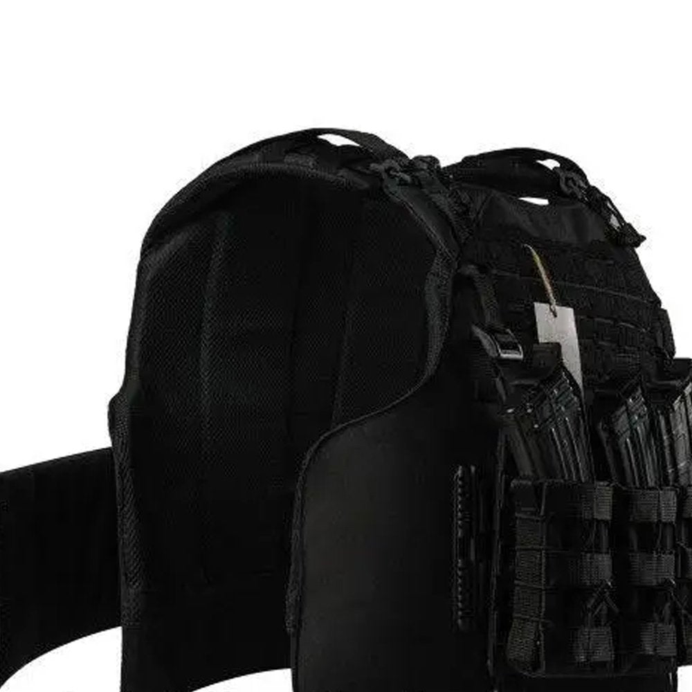 Rear angled view of black tactical plate carrier vest with padded back panel