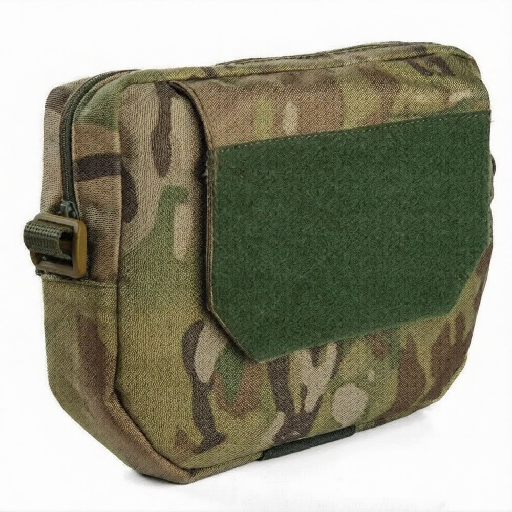 Rear side of multicam plate carrier dangler pouch with hook and loop attachment panel