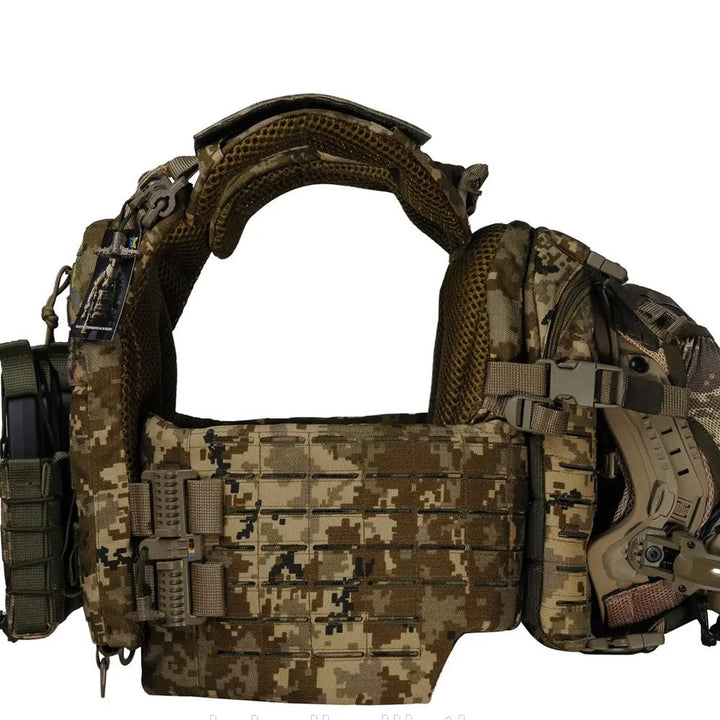 Side profile of pixel tactical vest with attached helmet holder and MOLLE cummerbund