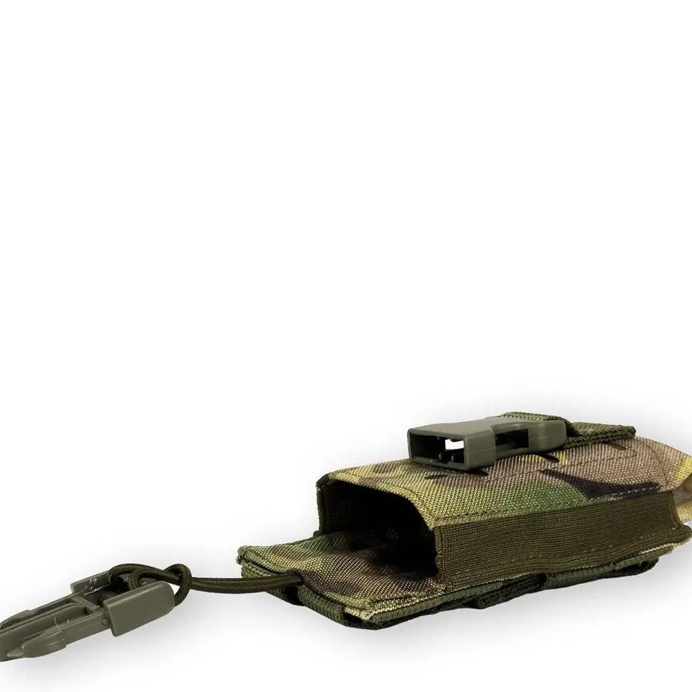 ide view of multicam open top radio pouch with elastic cord and MOLLE strap