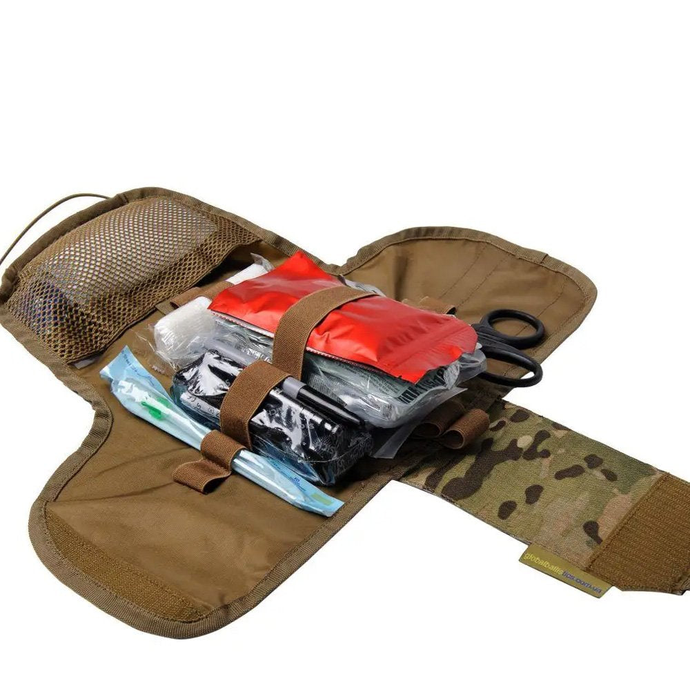 Open vertical IFAK pouch showing medical supplies and internal organizer