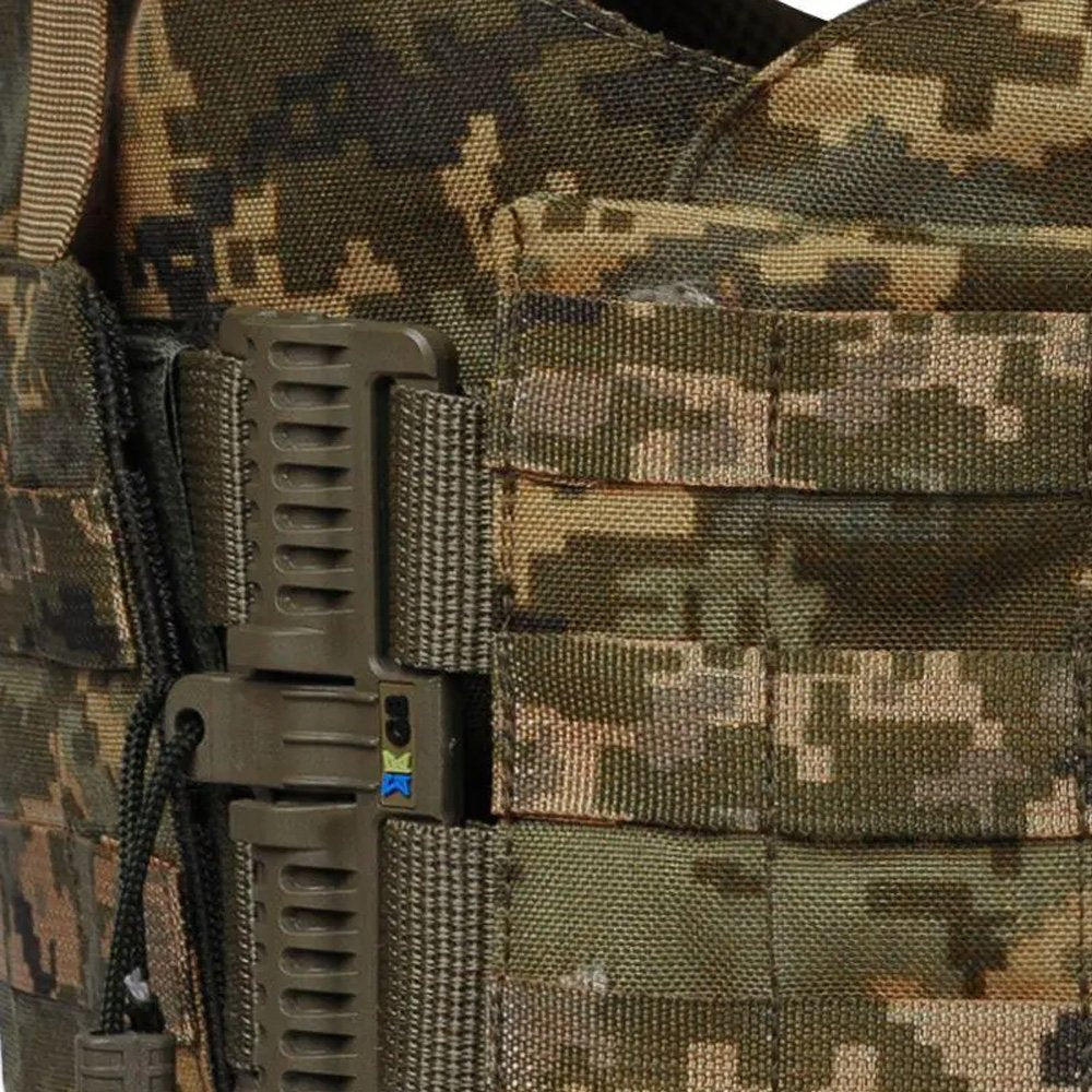 Pixel camo plate carrier buckle and MOLLE webbing detail