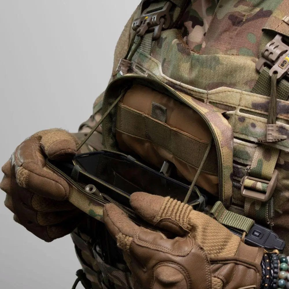 Multicam tactical admin pouch with fold-down organizer compartment and elastic cord retention system