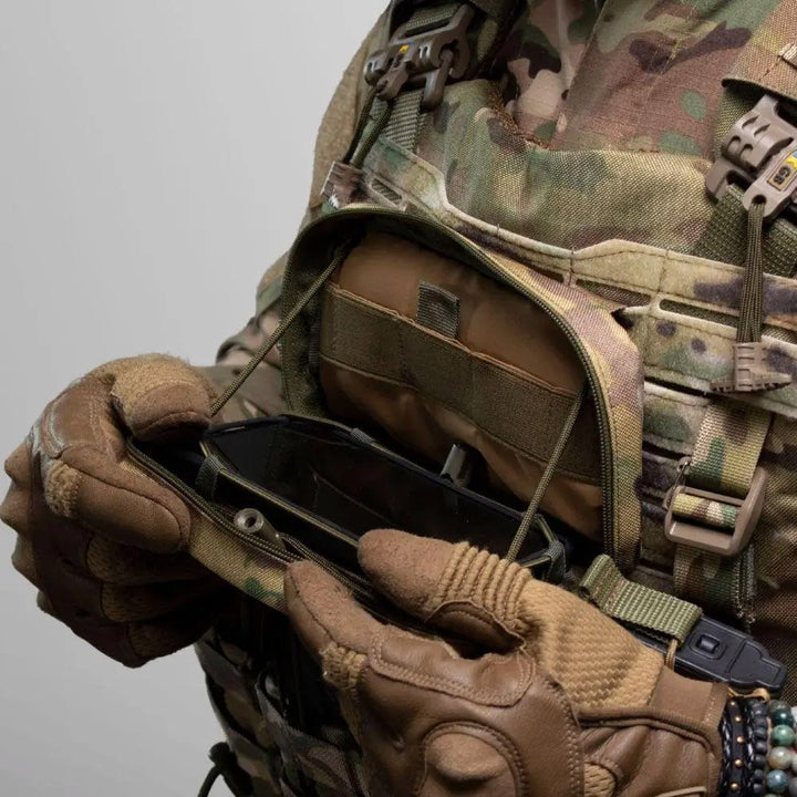 Multicam tactical admin pouch with fold-down organizer compartment and elastic cord retention system