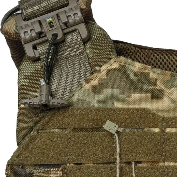 Close-up shoulder strap adjustment on pixel camo plate carrier