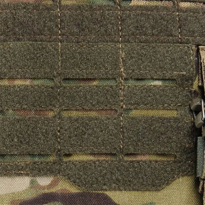 Close-up of MOLLE system on multicam plate carrier