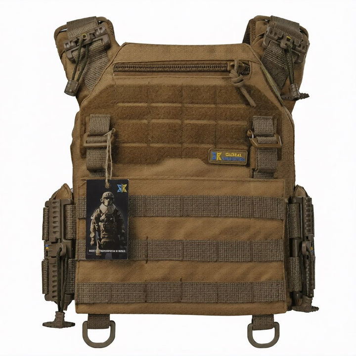 Front view of coyote tactical plate carrier vest with MOLLE webbing, admin pocket, and quick-release system