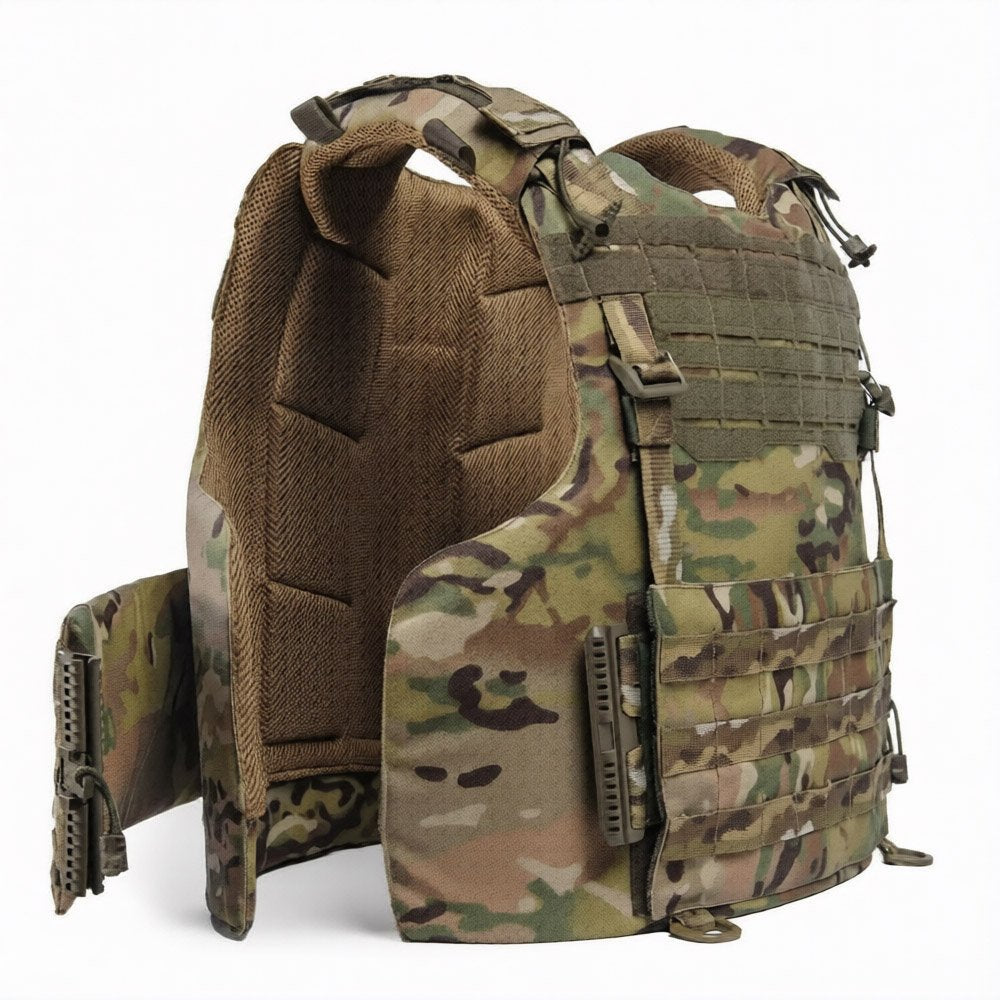 Multicam tactical vest showing inner structure and cummerbund