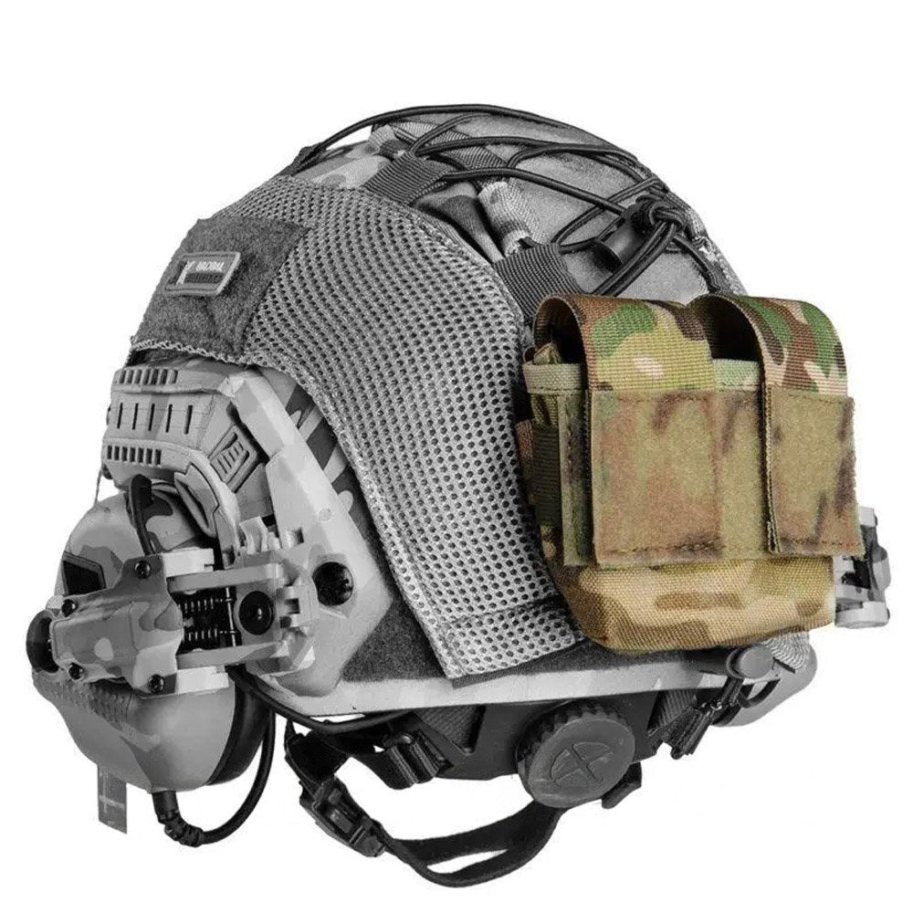 Tactical helmet with multicam counterweight pouch attached to the rear section