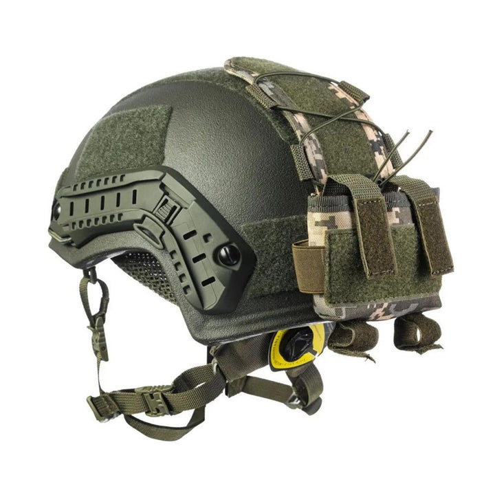 Tactical helmet with MM14 pixel counterweight pouch mounted on the rear