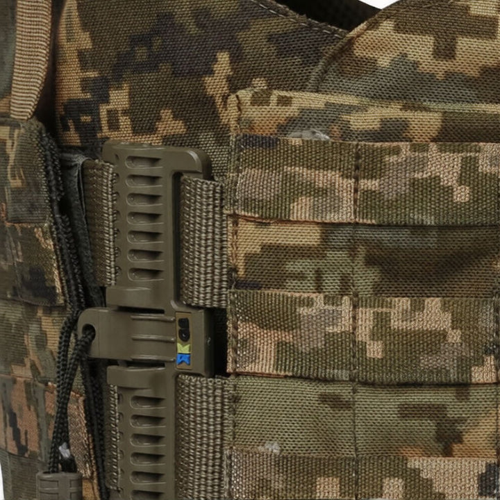 Close-up quick release system on pixel camo tactical vest