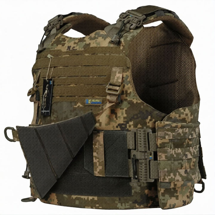 Pixel camo tactical vest showing inner structure and front panel