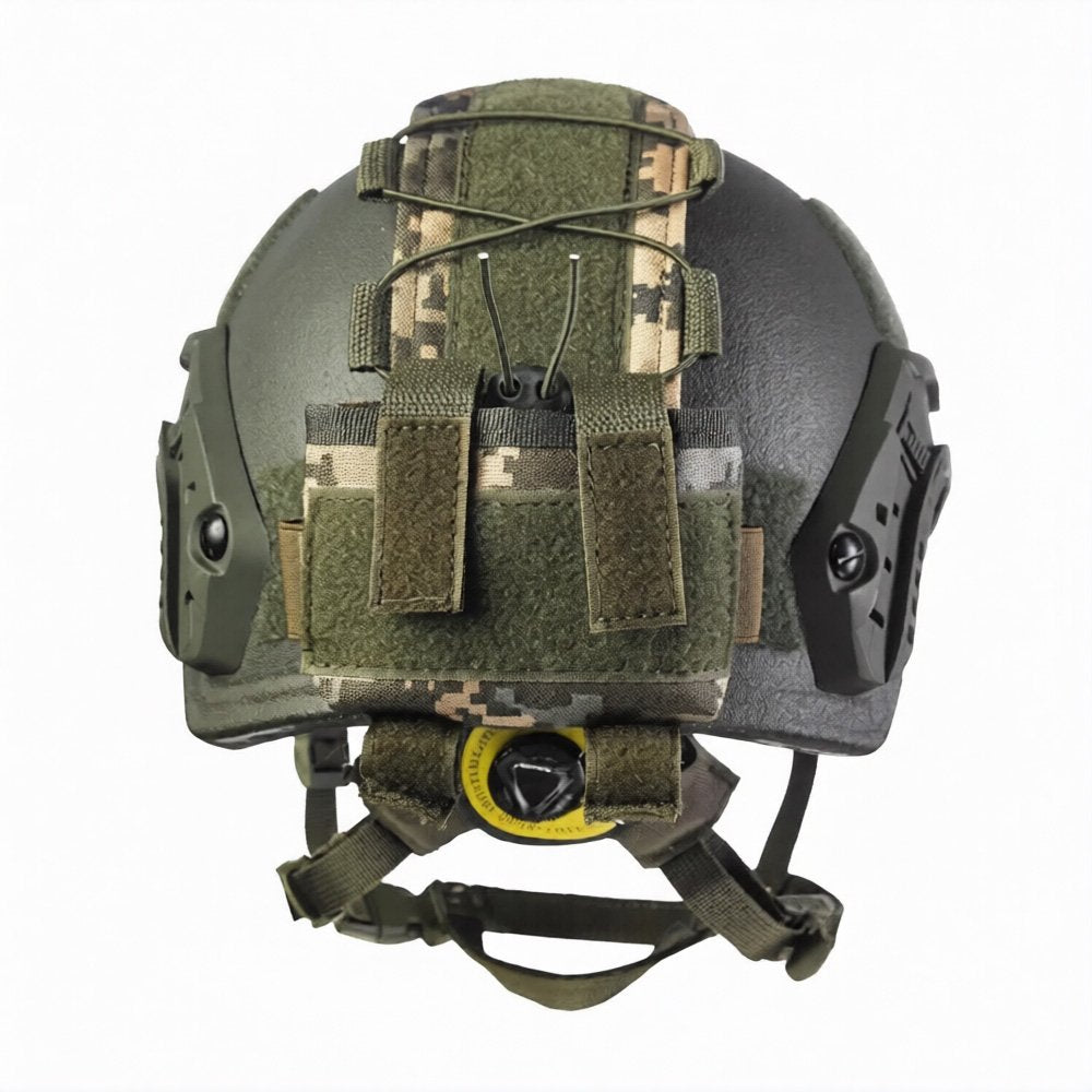 Rear view of tactical helmet with pixel counterweight pouch
