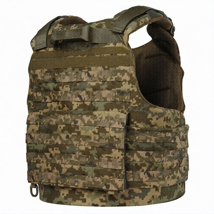 Pixel camo plate carrier vest rear with MOLLE webbing