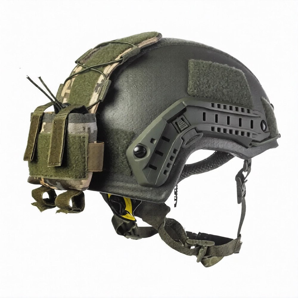 Tactical helmet with MM14 counterweight pouch and rear attachment system