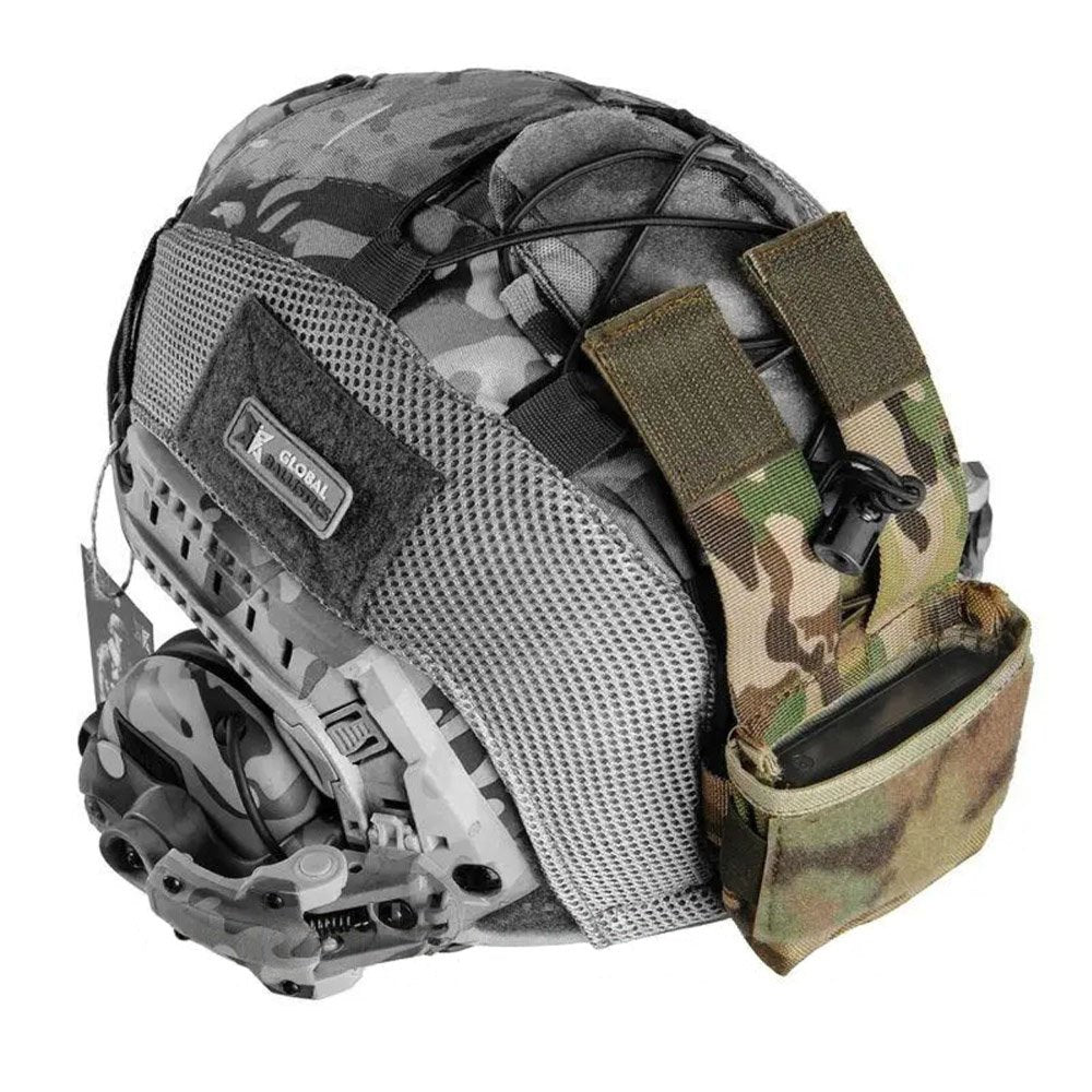 Multicam helmet counterweight pouch mounted on the rear of a tactical helmet