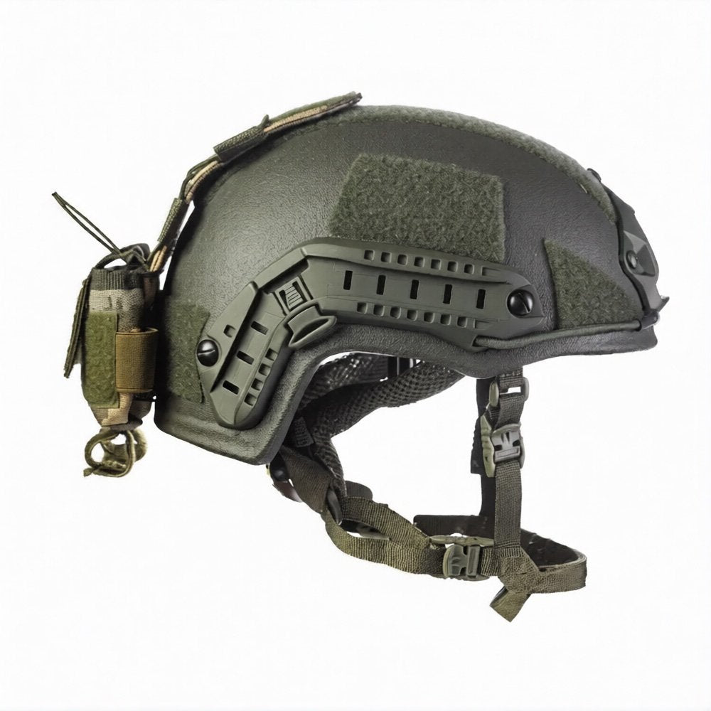 Side view of tactical helmet with pixel counterweight pouch attached