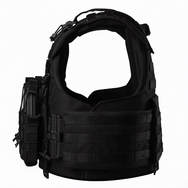 Side view of black tactical plate carrier vest with cummerbund and pouches