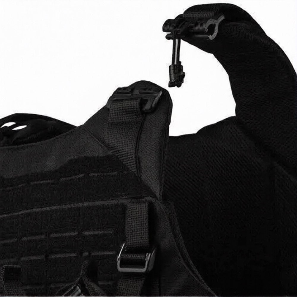 Close-up of black tactical vest shoulder strap and adjustment system
