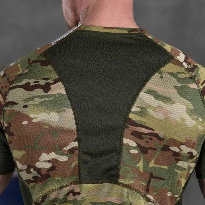 Back view of a Multicam tactical t-shirt with breathable mesh inserts for ventilation.