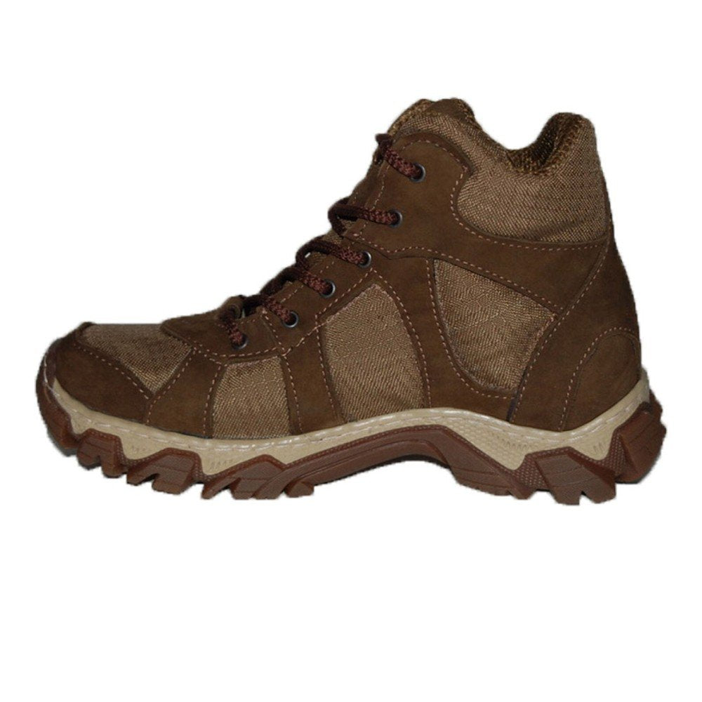 Side view of a single brown Ukrainian army boot showing the nubuck leather, Cordura inserts, and rugged sole.