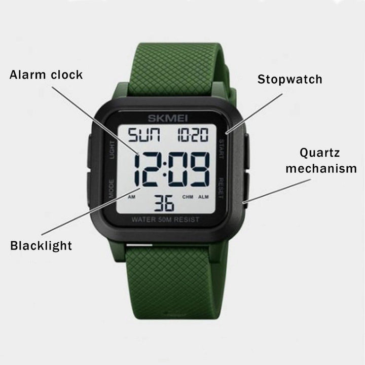 Skmei digital watch showcasing features such as alarm clock, stopwatch, quartz mechanism, and backlight.