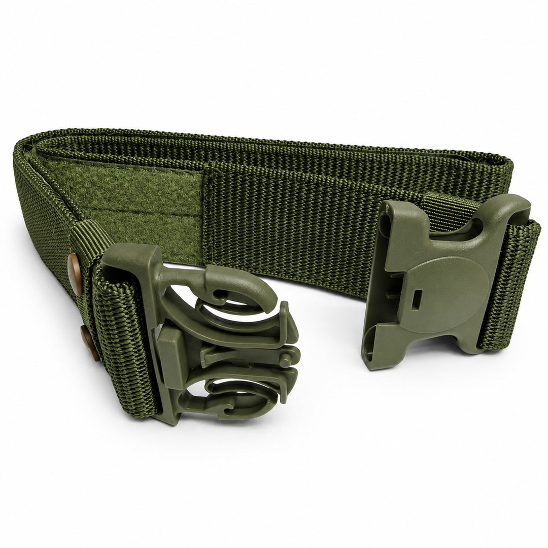 Olive tactical belt with the Fastex buckle opened, showing the three-point release mechanism, adjustable webbing, and hook-and-loop inner section.