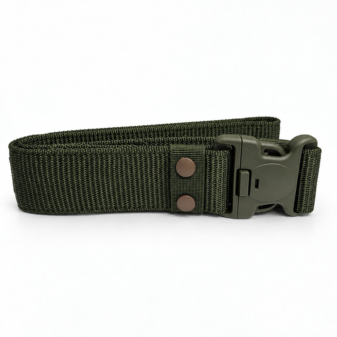 Olive green tactical belt shown folded with the Fastex buckle closed, wide nylon webbing, and two reinforced attachment points.
