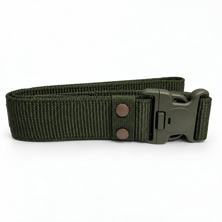 Olive green tactical belt shown folded with the Fastex buckle closed, wide nylon webbing, and two reinforced attachment points.