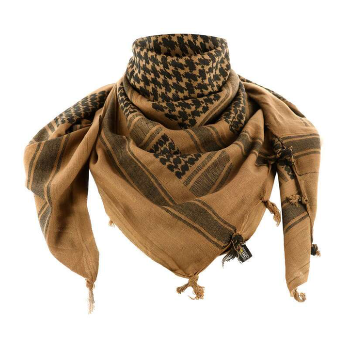 Tactical coyote tan and black cotton shemagh desert scarf folded with tassels