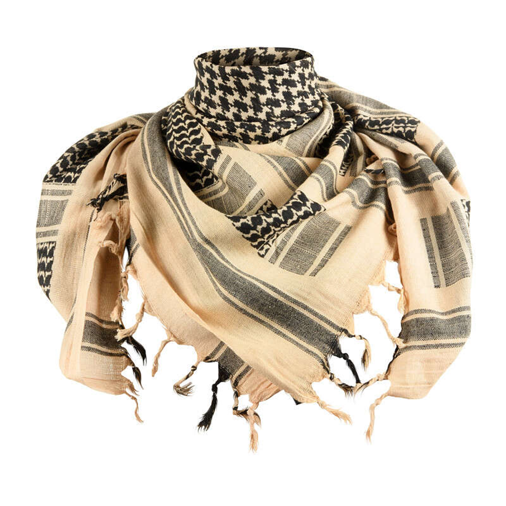 Tactical khaki and black cotton shemagh desert scarf folded with tassels