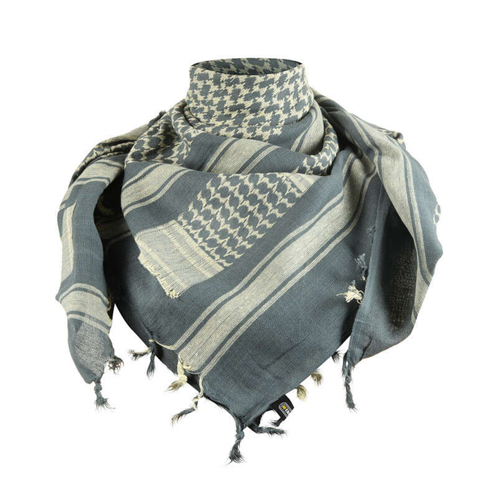 Tactical olive green and khaki cotton shemagh desert scarf folded with tassels