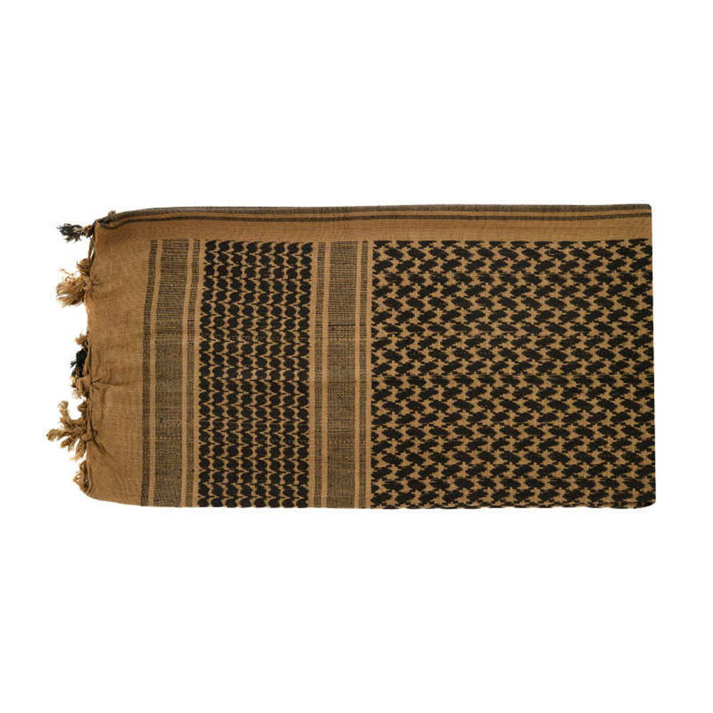 Flat folded coyote brown and black military shemagh scarf showing pattern and fringe