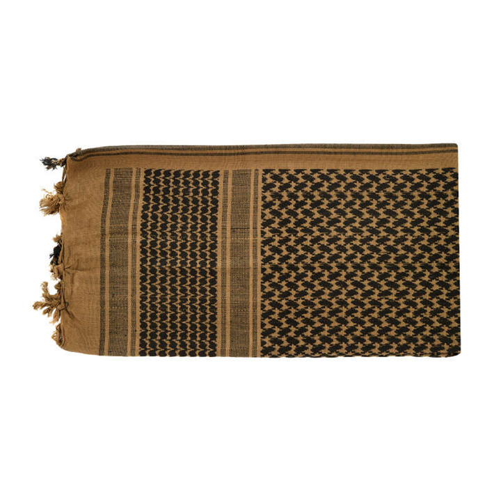 Flat folded coyote brown and black military shemagh scarf showing pattern and fringe